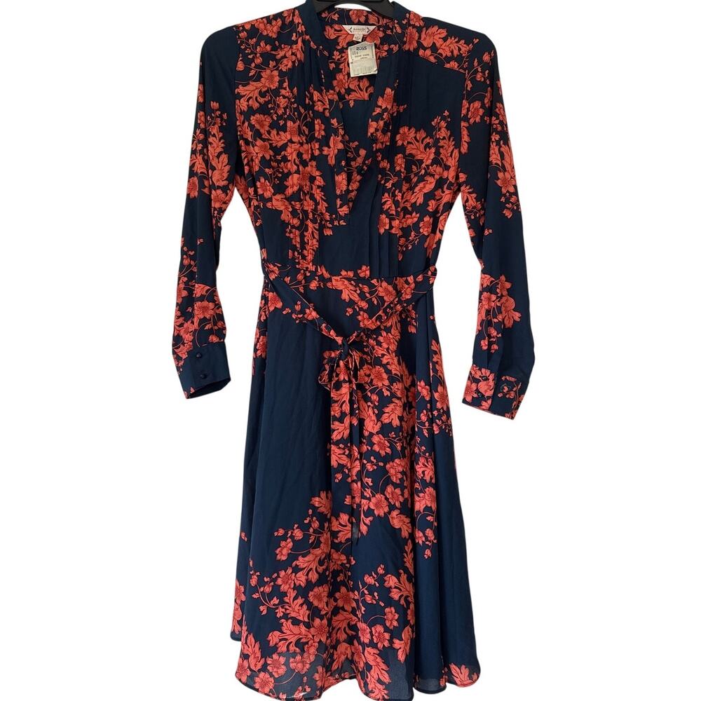 Nanette Lepore Size 6 Navy Blue & Orange Floral Dress Ties at Waist Long Sleeve